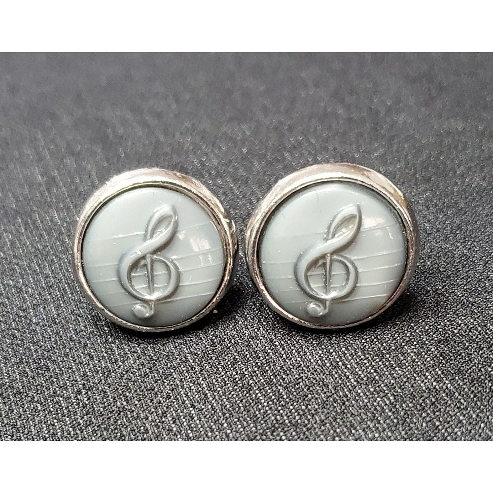 Vintage Anson Silver Tone Gray Blue Thermoset Treble Clef Musical Note Cufflinks